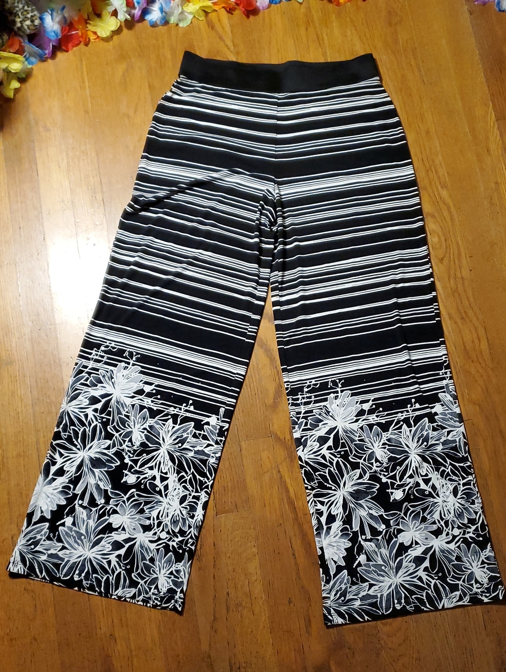 Black & White Wide Leg Stripes And Floral Pants